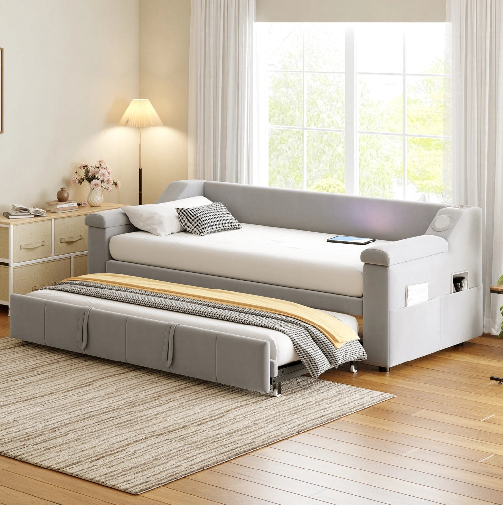 Divano letto 90x190 cm estendibile con Bluetooth; USB e vani portaoggetti in velluto grigio