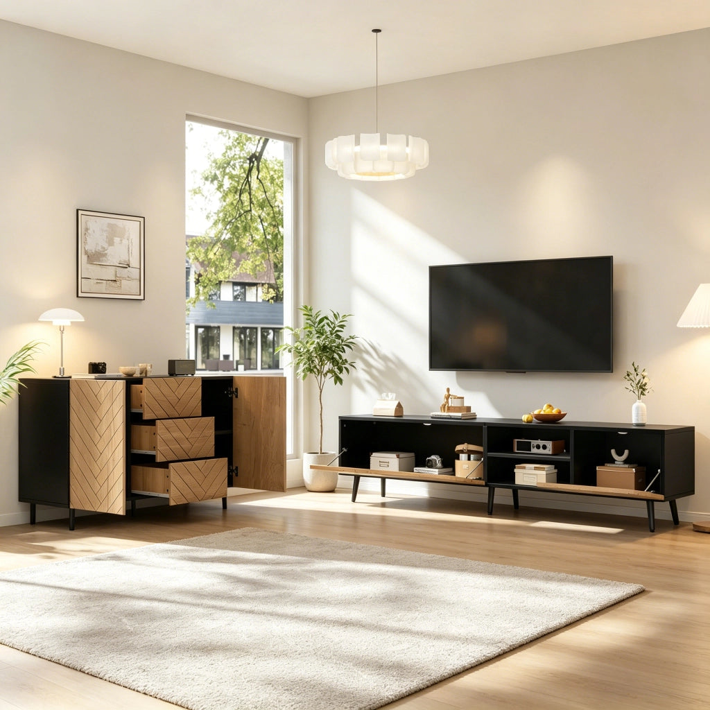 Cassettiera per TV Natural; in truciolato con finitura legno; 180 x cm