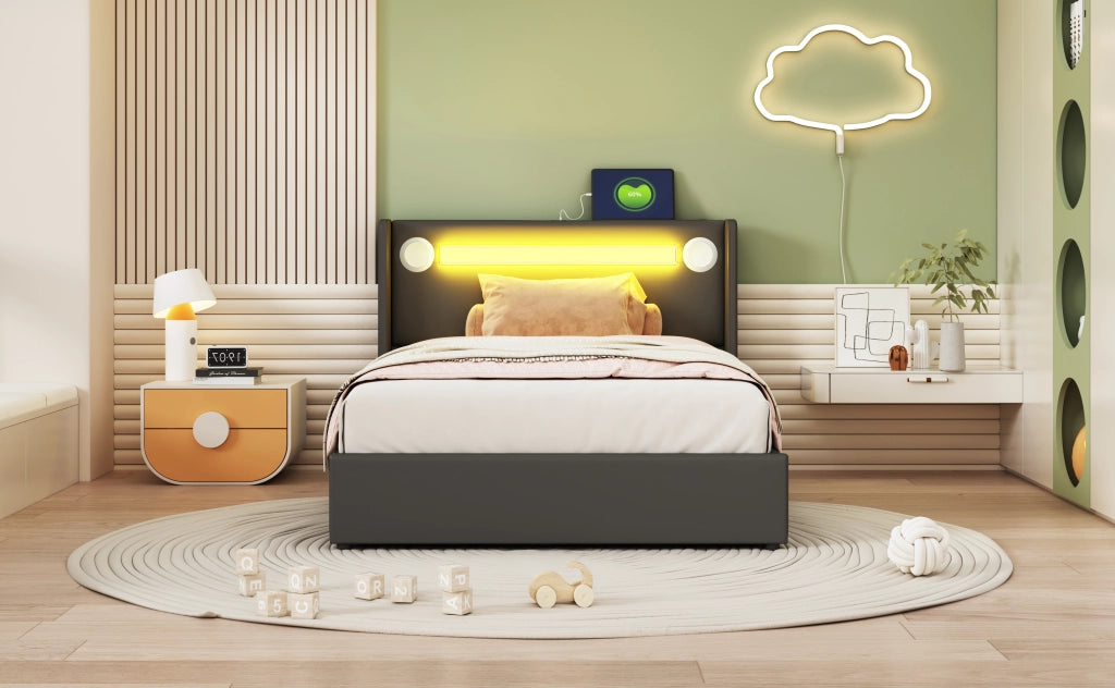 DESMIU Letto per bambini 90 × 200 cm con LED, Bluetooth e USB, vano idraulico, senza materasso, nero