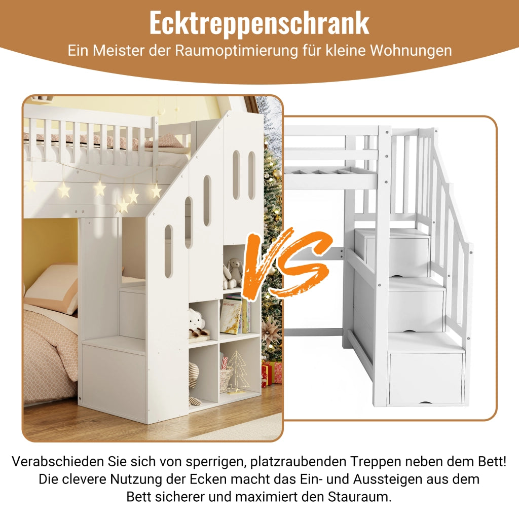 Letto a soppalco per bambini singolo 90 × 200 cm con scivolo, scala contenitore e luce led, senza materasso, bianco
