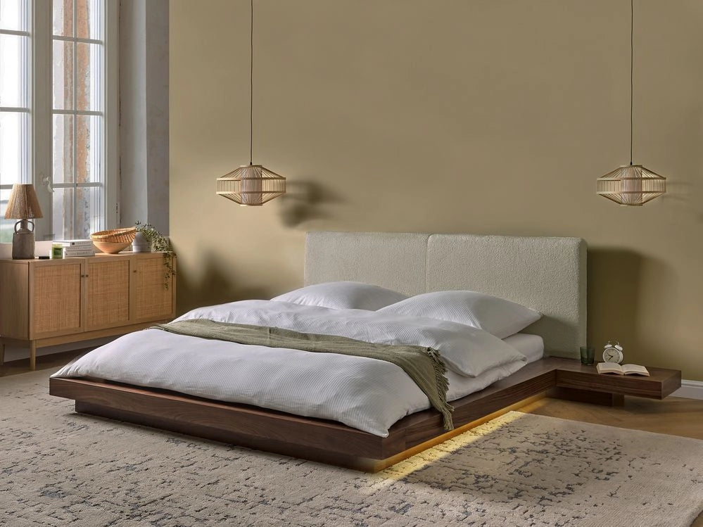 Letto LED in stile giapponese in frassino marrone 160 x 200 cm testata impiallacciata in legno bouclé a basso profilo camera da letto