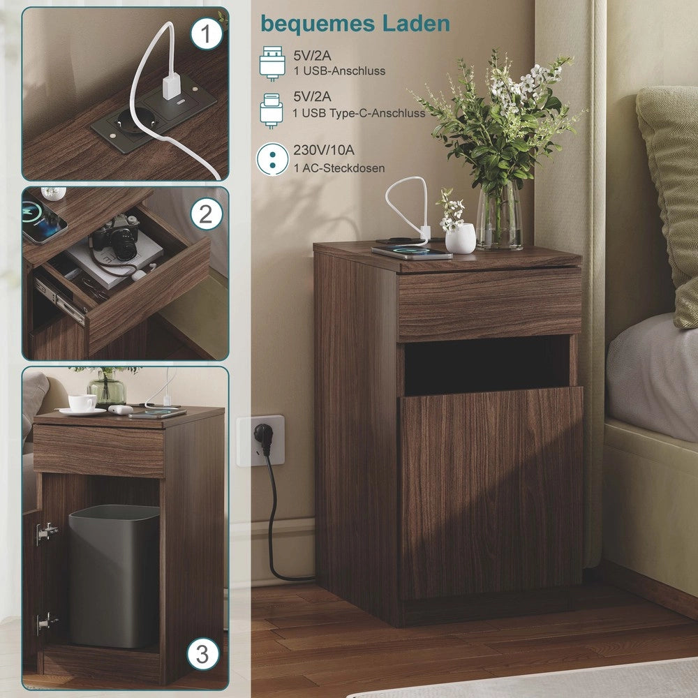 Comodino con Carica USB-A/USB-C e Presa Elettrica ¨C Xylo ¨C Effetto Noce, 33x40x61,5 cm