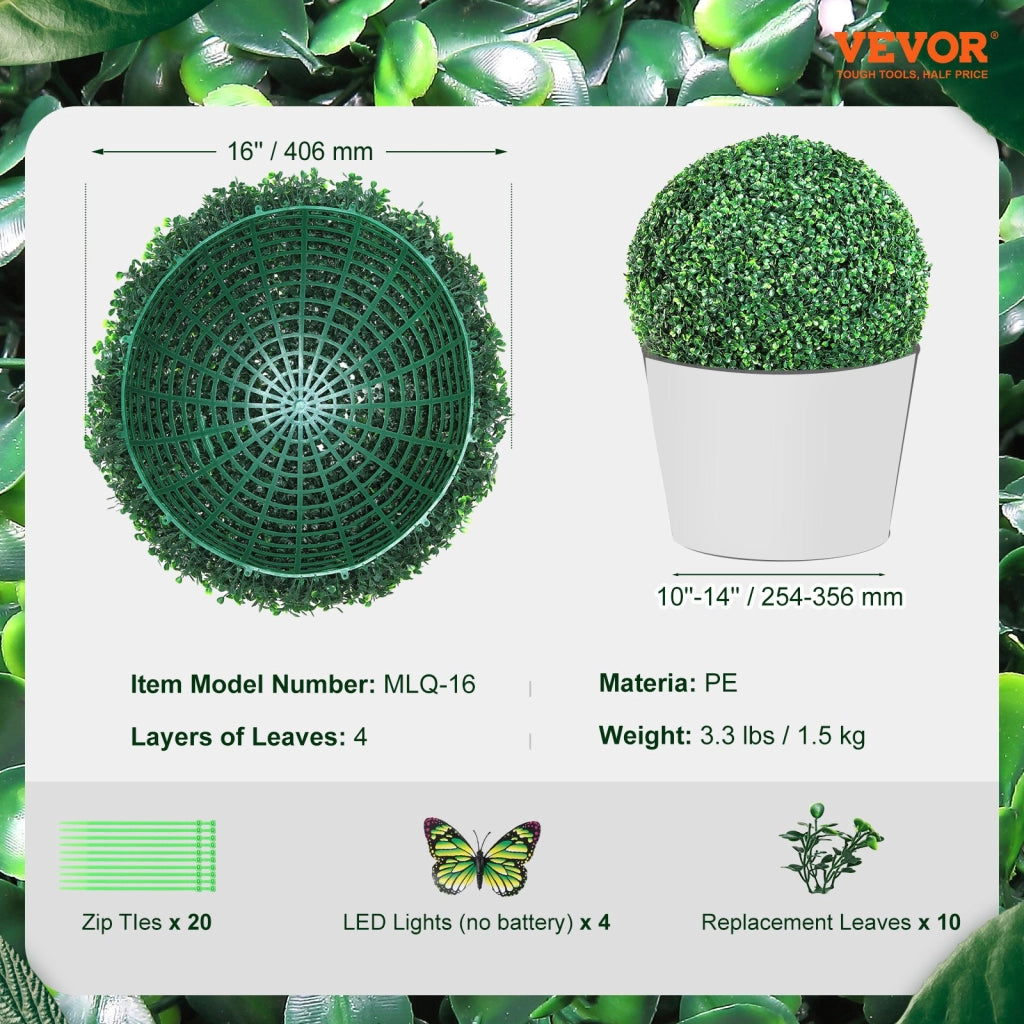 Set 2 Palle di Bosso Artificiale 406 mm in PE MLQ-16 Piante Finte Resistenti per Giardino Balcone e Interni