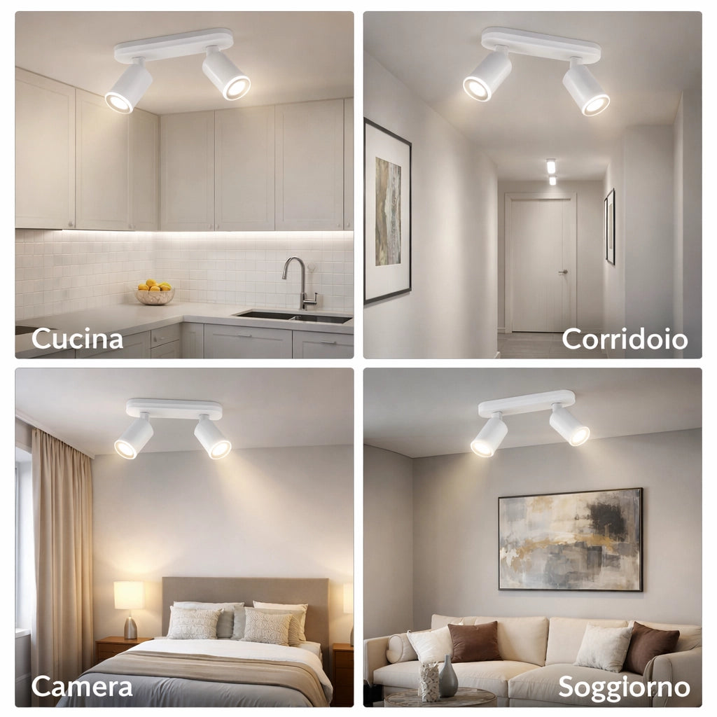 Faretto a Soffitto 2 Luci Orientabili GU10 in Alluminio Bianco, Plafoniera Spot Doppio Cilindrico per Interno, Portalampada GU10 per Cucina Corridoio Camera Soggiorno, Lampadine non incluse