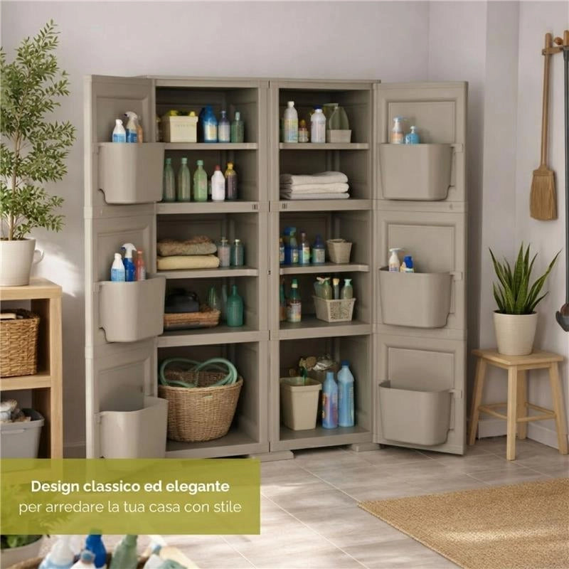 MOBILE MULTIUSO 2 ANTE TAUPE 79X43X125 CM CON 3 MODULI E 6 TASCHE LATERALI – ARMADIO ORGANIZZATORE VERTICALE PER LAVANDERIA E RIPOSTIGLIO
