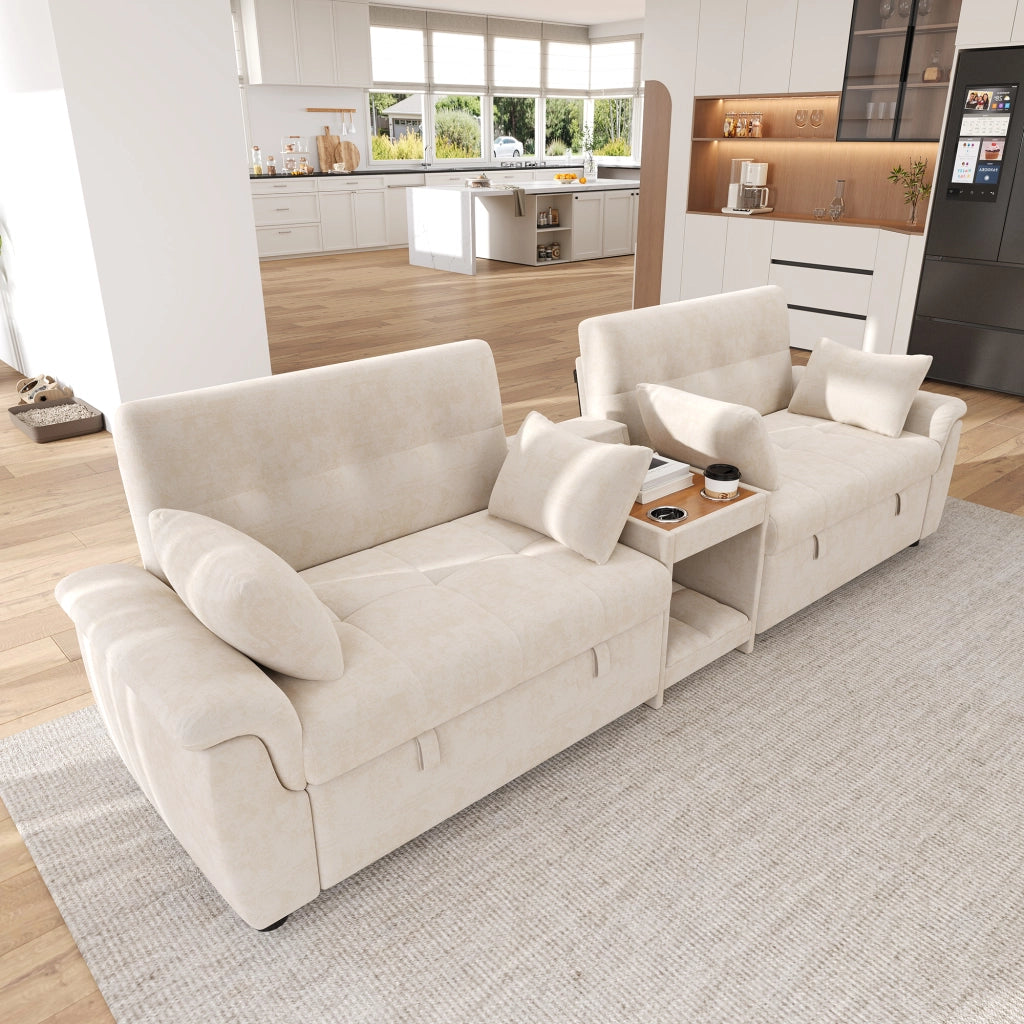 Divano a U letto con doppio modulo estraibile, schienale regolabile, area animali, portabicchieri in chenille beige