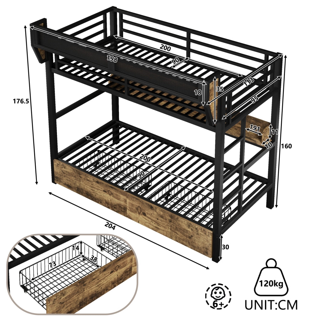 Letto a castello 204x113x176.5 cm con LED integrato; 2 cassetti e struttura in metallo; nero