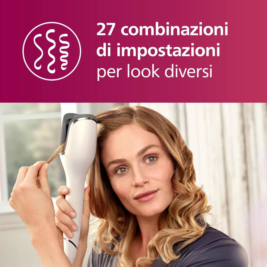 Auto Curler Serie 8000, arricciacapelli con tecnologia MoistureProtect, 27 diverse opzioni di styling, bianco, modello BHB878/00