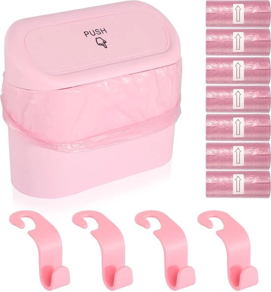 Mini vuilone aspiratore per auto con coperchio, contenitore per rifiuti auto con 105 sacchetti di rifiuti per auto e 4 ganci per auto, contenitore mini per la gestione e l'organizzazione degli spazi di auto (rosa)