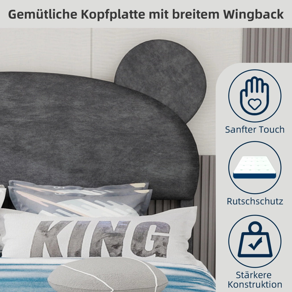 Letto per Bambini 140x200 cm; Letto Singolo - Testiera Orso; Angoli Arrotondati - Grigio