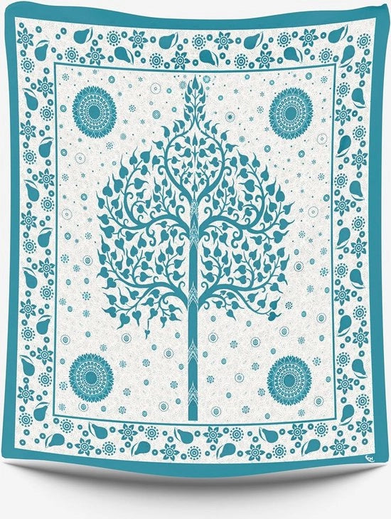 Coperta per letto matrimoniale 210 x 235 cm – 100% cotone – Blu chiaro con disegni tribali