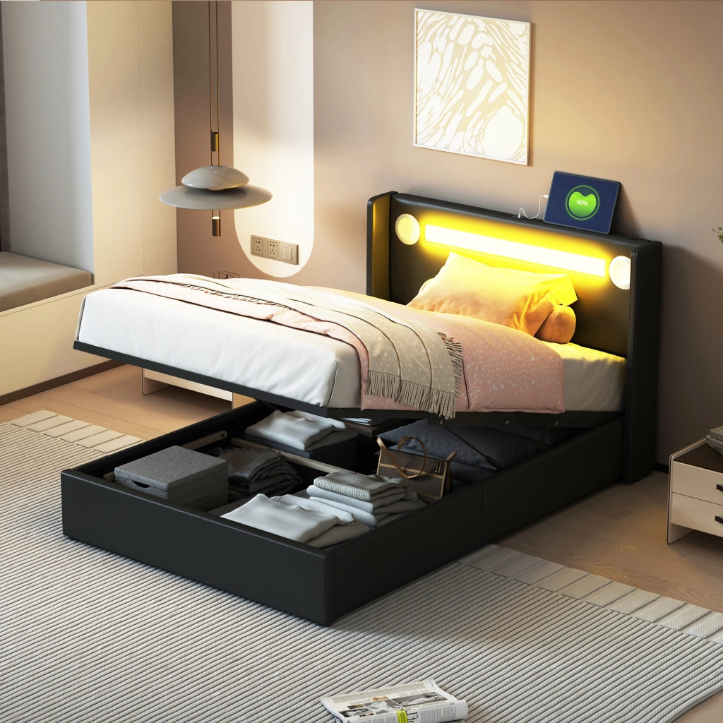 Letto imbottito nero con funzione LED bluetooth e ricarica USB in PU pelle 90x200 cm