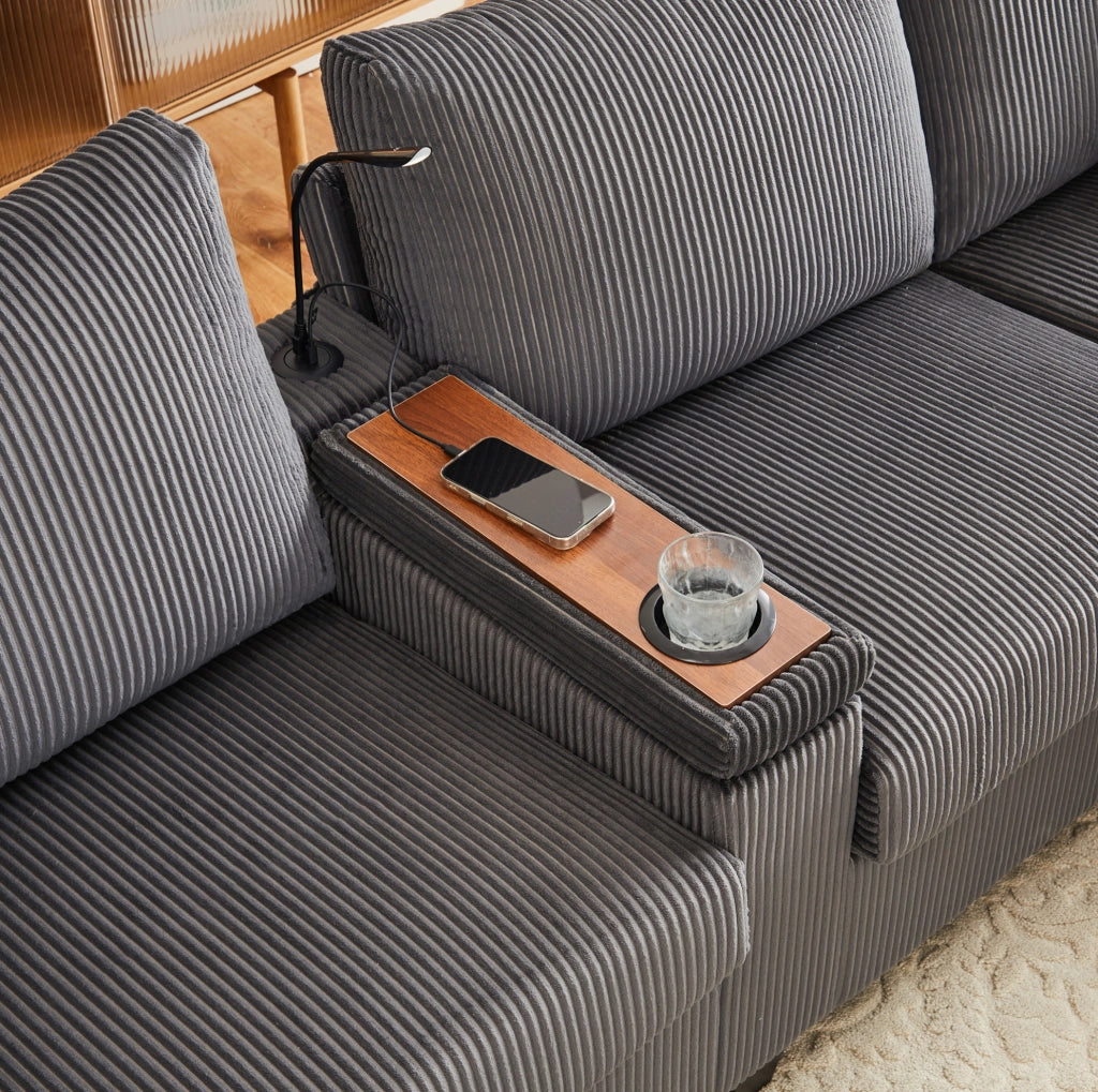 Divano a U in velluto a coste grigio con 2 pouf contenitore; USB Type-C; lampada e LED