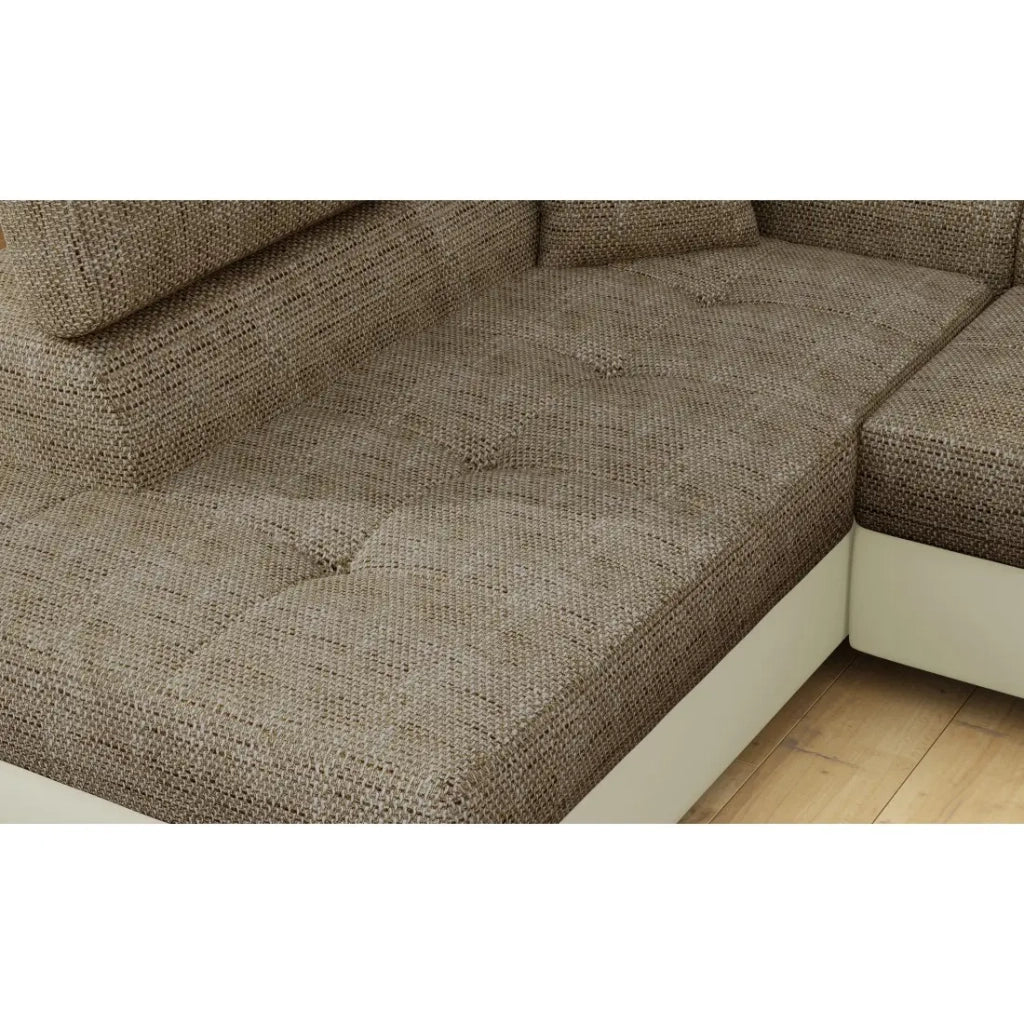 Divano angolare trasformabile MENTON beige e marrone bouclé - Angolo sinistro con vano contenitore