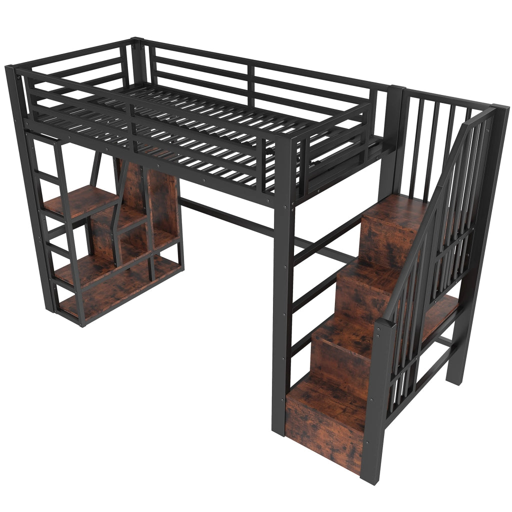 Letto a soppalco 90x200 cm con ripiani; scala contenitore e LED in metallo e MDF