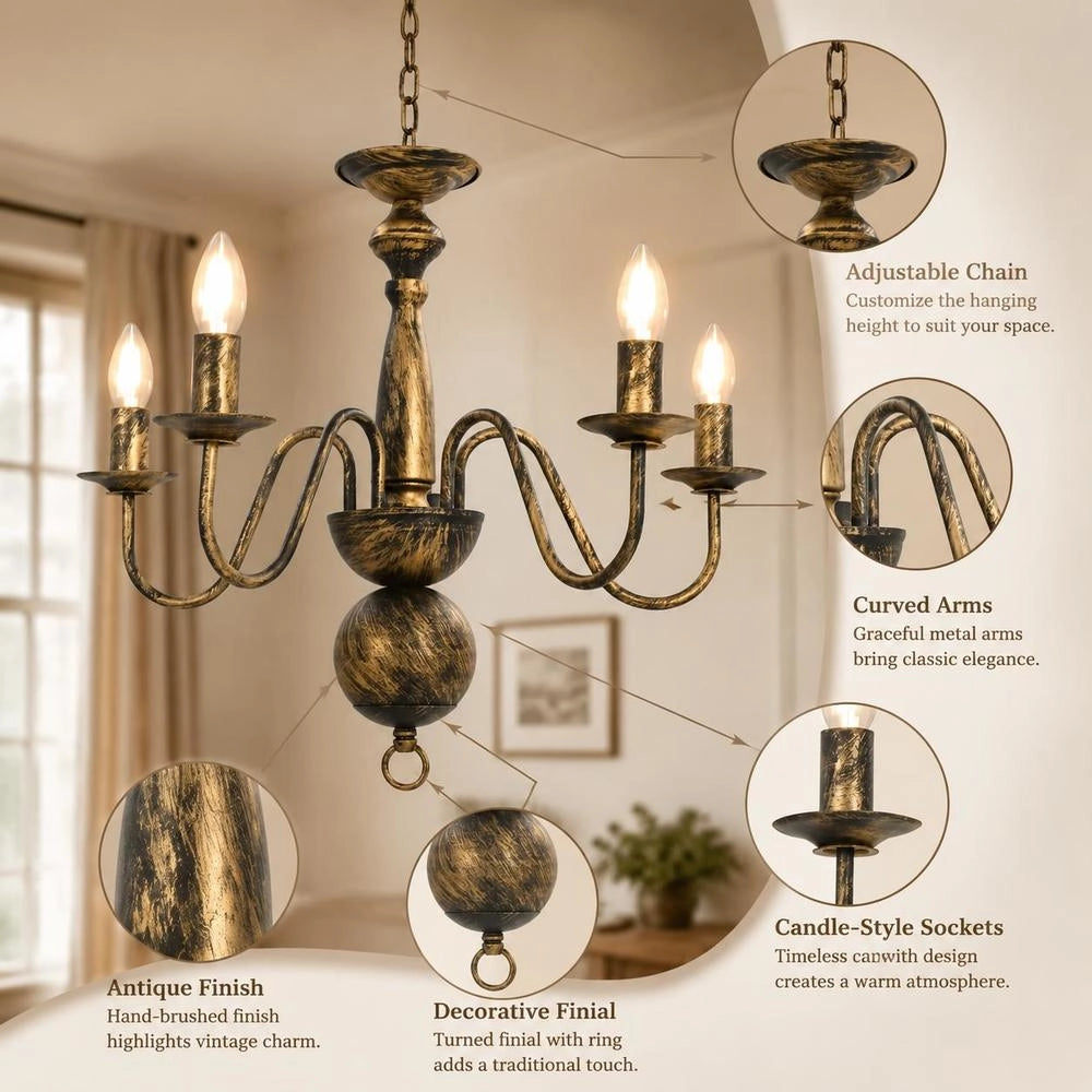 Antique Black Chandelier With 5 E14 Bulbs