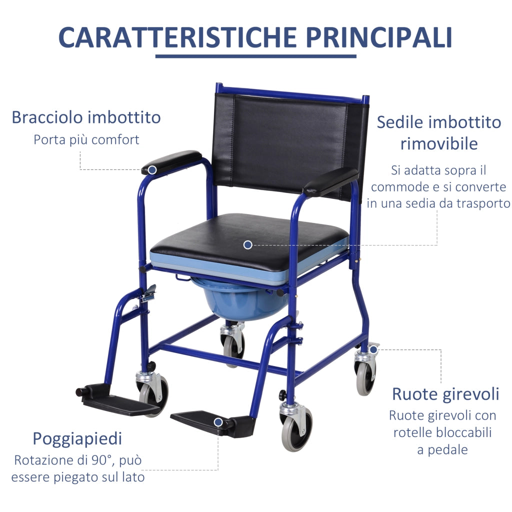Sedia a Rotelle Bagno con Vaso Rimovibile in Tubi di Ferro e PVC 87 x 57 x 92cm