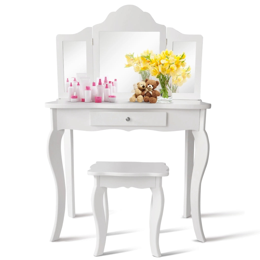 Set toeletta per bambini, Tavolo toeletta principessa con sgabello specchio pieghevole, Bianco-Toelette per bimbi