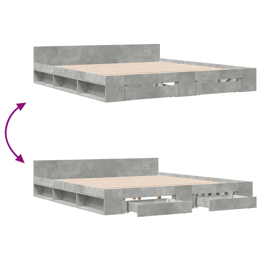 Letto matrimoniale | Letto per adulti | Giroletto Cassetti Grigio Cemento 180x200 cm Legno Multistrato