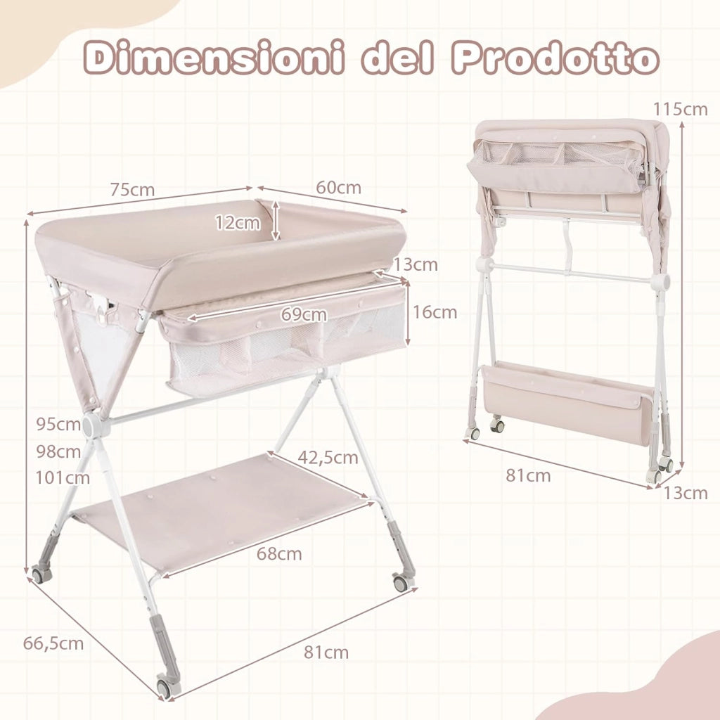 Fasciatoio Pieghevole per Bambini, Fasciatoio Portatile con Altezza Regolabile a 3 Livelli, Fasciatoio Neonato con Ruote di Bloccabili, Ripiano, Porta Asciugamani, per 0-12 Mesi (Beige)