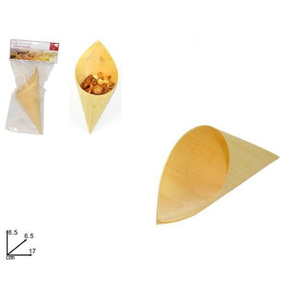 Trade Shop - Set 4 Pezzi Cono Coni Bamboo Legno 17cm Buffet Finger Food Ciotola Stuzzichini -