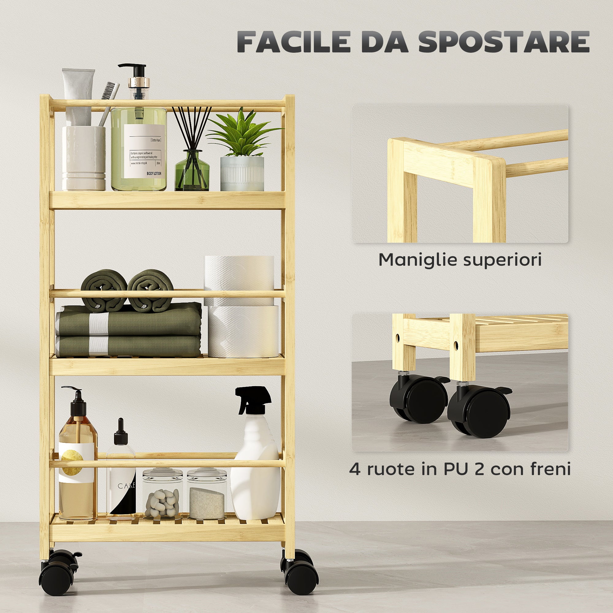 Scaffale Bagno a 3 Livelli 36x15x73 cm con Ruote in Legno di Bambù