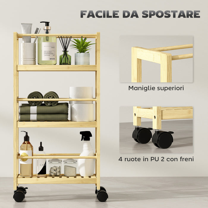 Scaffale Bagno a 3 Livelli 36x15x73 cm con Ruote in Legno di Bambù