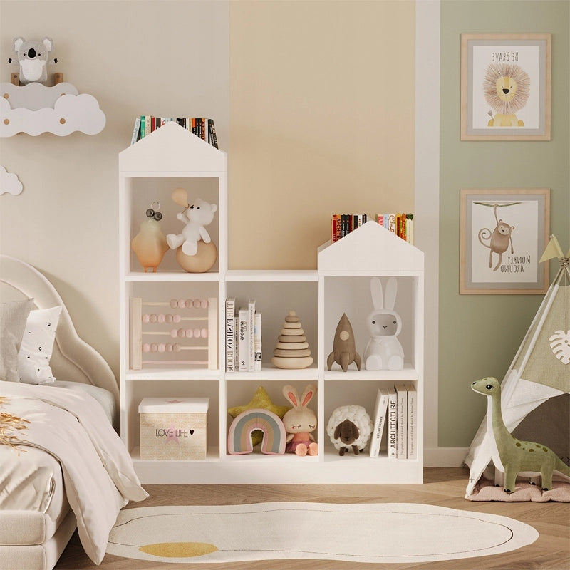 Scaffale bianco per bambini con 7 scomparti per giocattoli, libri, accessori e organizer