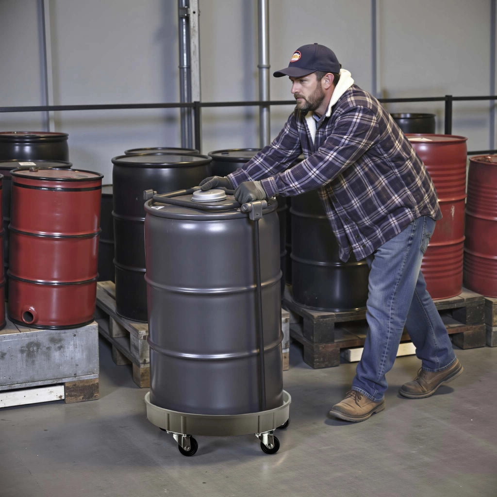 Porta fusto olio con ruote, portata 400 kg, carrello porta fusti con vasca Ø 60 cm e ruote girevoli, base per movimentazione fusti