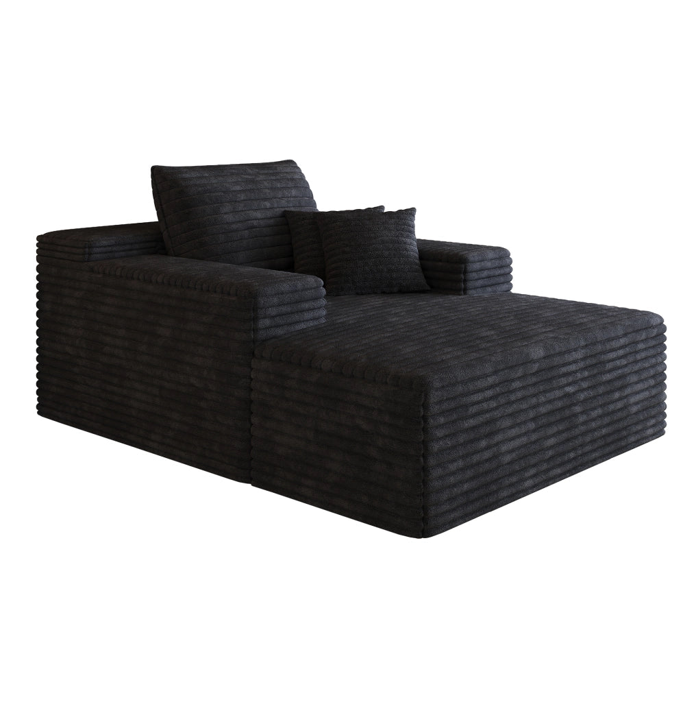 Divano chaise longue modulare in velluto a coste nero, profondo e confortevole senza montaggio