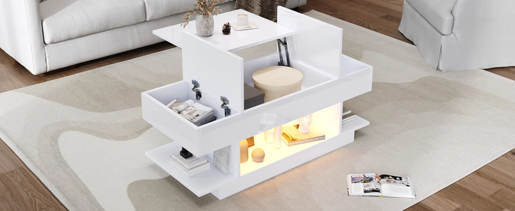 TAVOLO da caffè alzabile 98x45x40 cm bianco lucido con LED