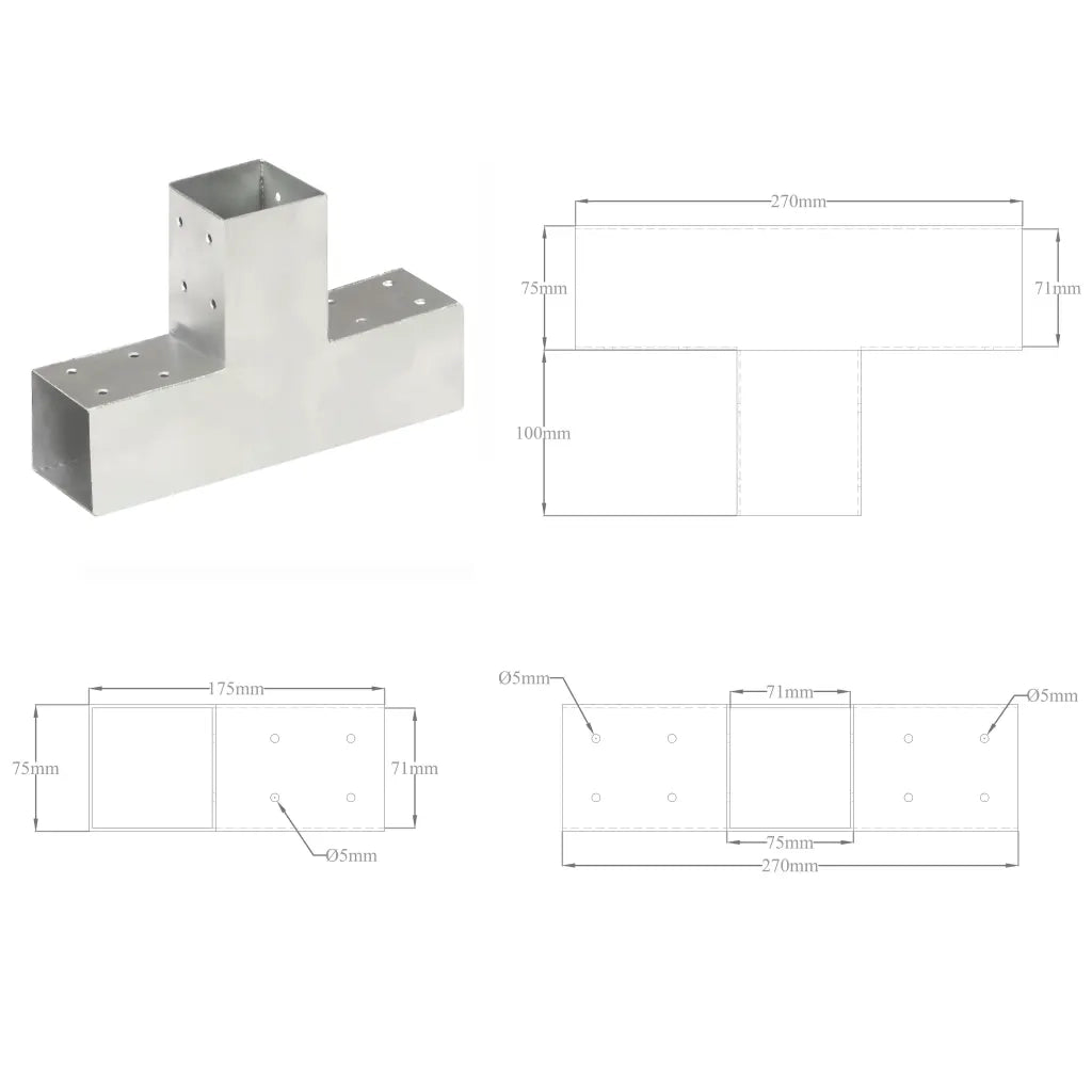 Connettori per Pali a Forma di T 4 pz Metallo Zincato 71x71 mm cod mxl 61434