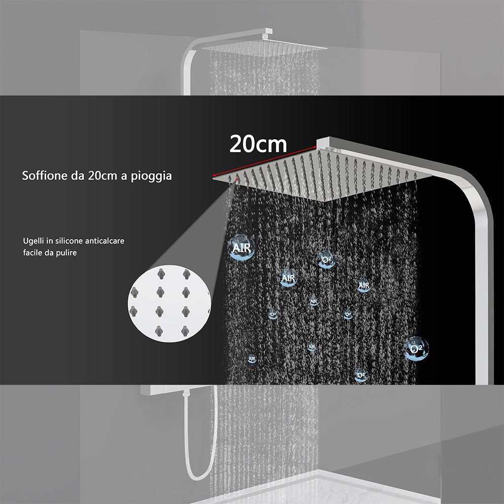 AICAIT Colonna doccia quadrata con soffione quadrato 20x20cm in acciaio inox cromato, sistema doccia a 38℃ antiscottature