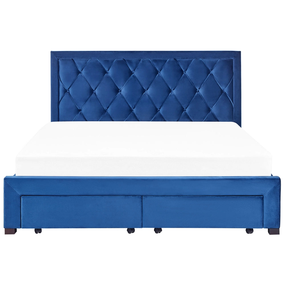 Letto contenitore tappezzeria in velluto blu 180 x 200 cm trapuntato testiera alta cassetti Glam Design