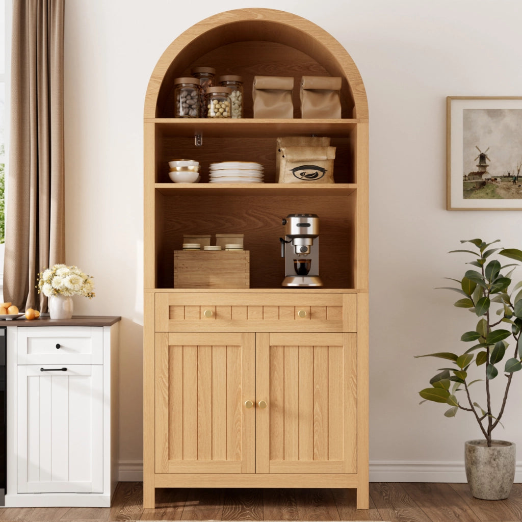 Mobile da cucina, libreria, ante a doppia apertura, ripiano interno per le spezie, in truciolato + MDF, colore legno naturale