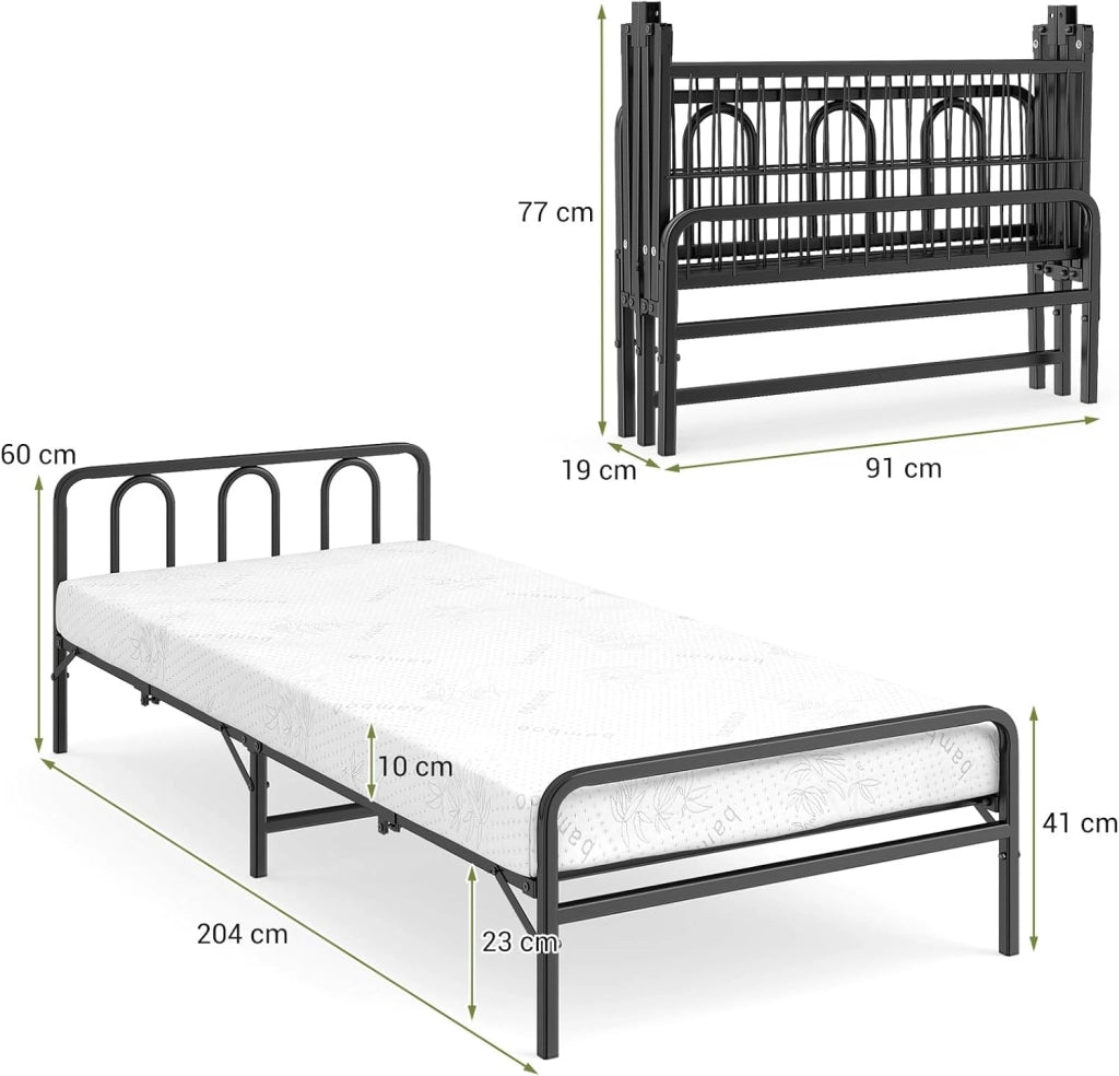 Letto pieghevole 90 x 200 cm, per adulti, pieghevole, in metallo, con materasso e rete a doghe, letto singolo con testiera, pieghevole, per casa e ufficio