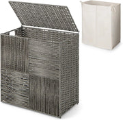 Cesto portabiancheria con coperchio, 110 l, in rattan con tasca interna in 2 parti, design pieghevole e pratici manici, cestino per vestiti in tessuto a mano, per lavanderia e bagno, grigio