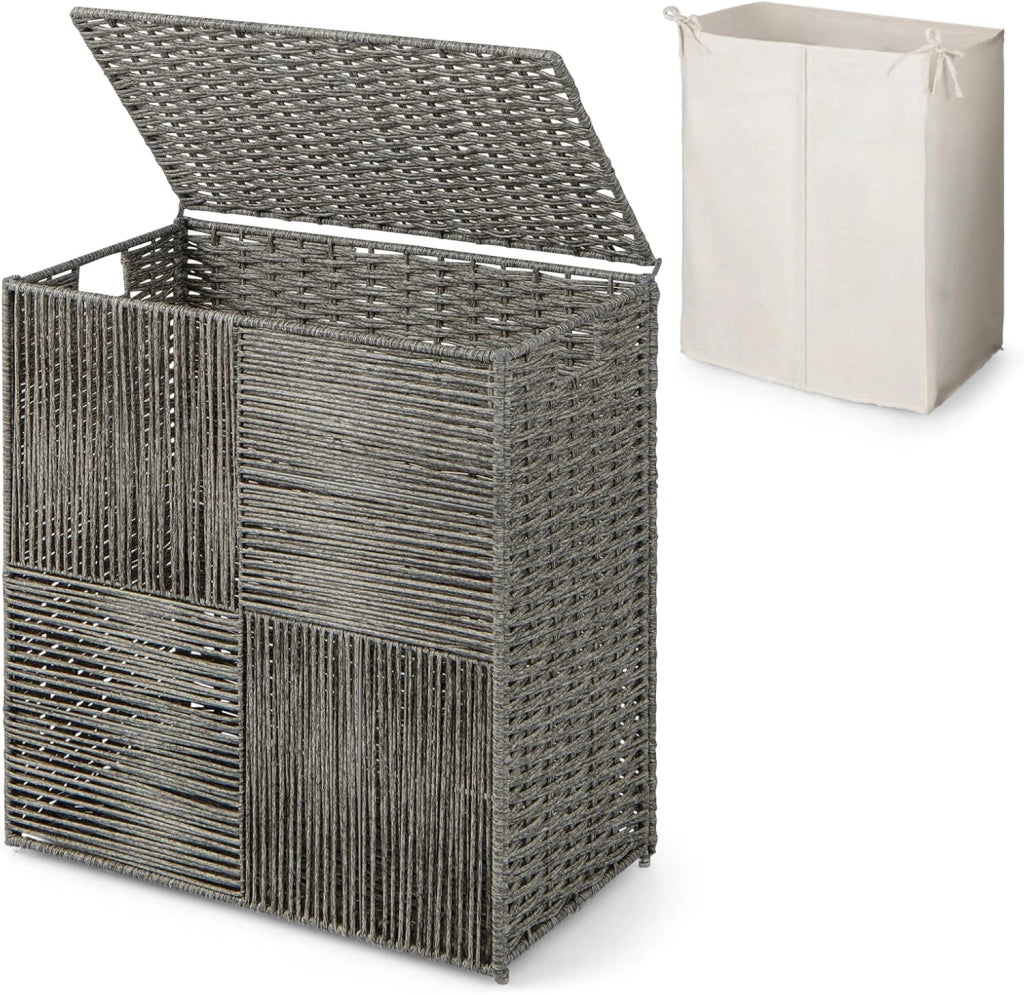Cesto portabiancheria con coperchio, 110 l, in rattan con tasca interna in 2 parti, design pieghevole e pratici manici, cestino per vestiti in tessuto a mano, per lavanderia e bagno, grigio