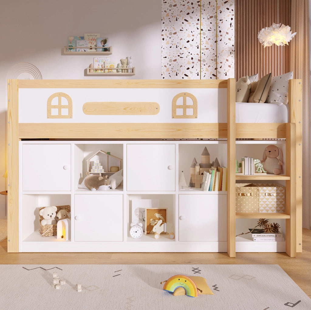 Letto semi-alto 90x200 cm con lavagna, vani portaoggetti e scala