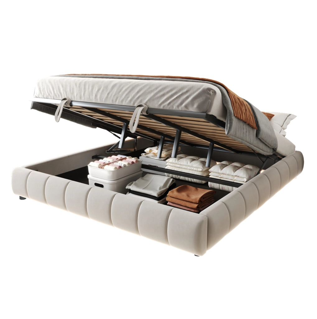 Letto imbottito 180x200 cm con contenitore e LED in flanella beige