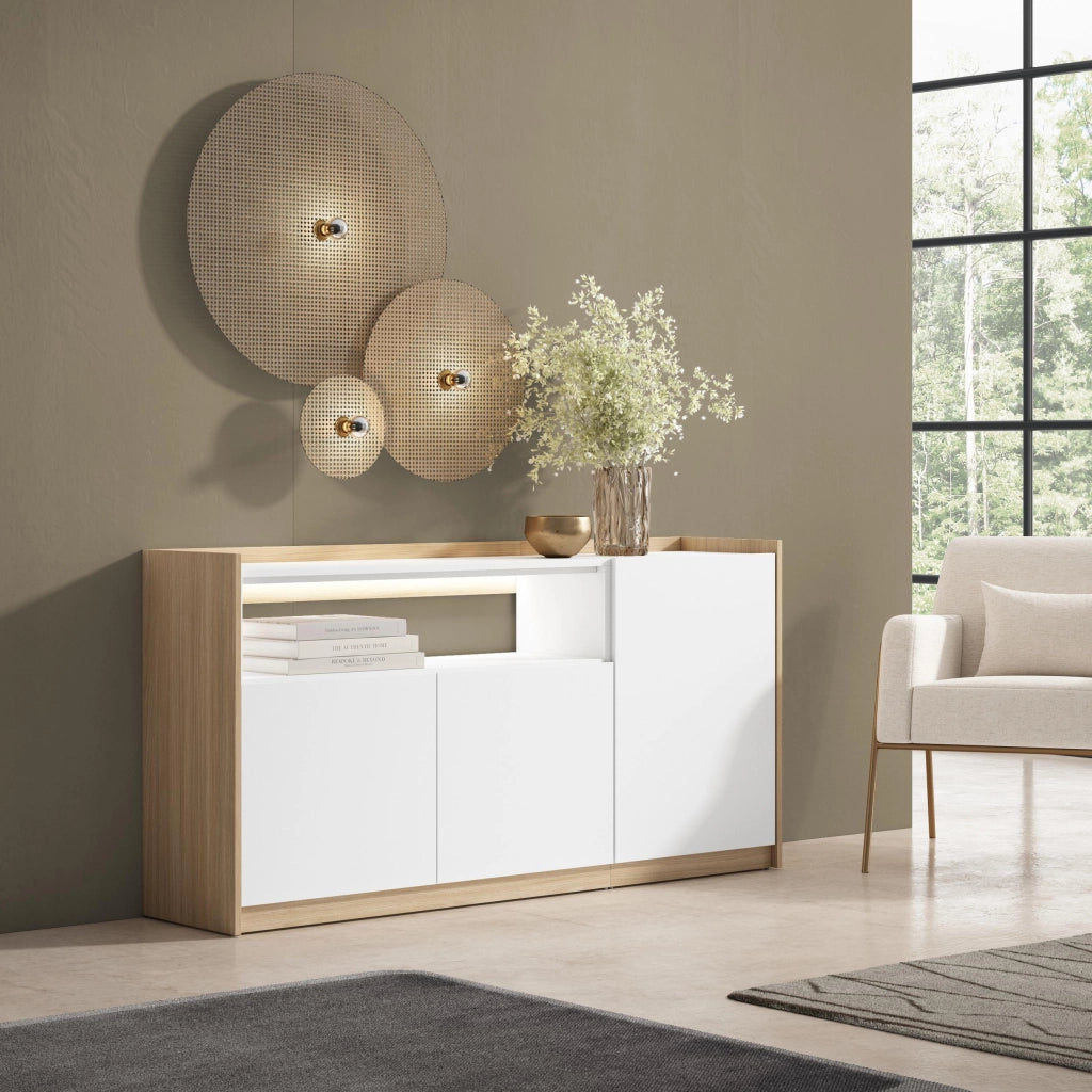 Credenza, Mobile, Cucina, 156x80x37 cm, 3 Porte, LED, Bianco e Rovere soft