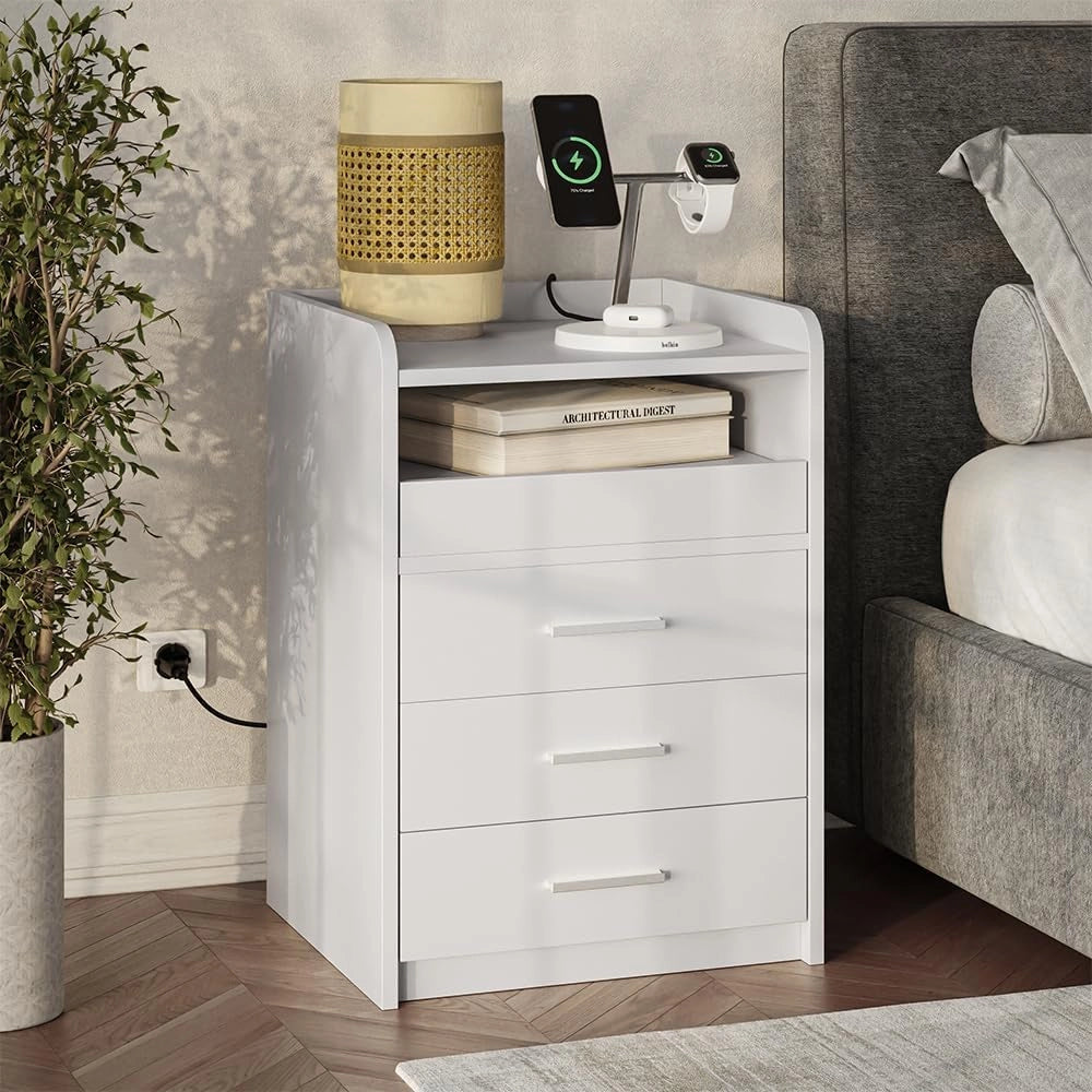Comodino Edis, Bianco, 45 x 64 cm con 3 cassetti