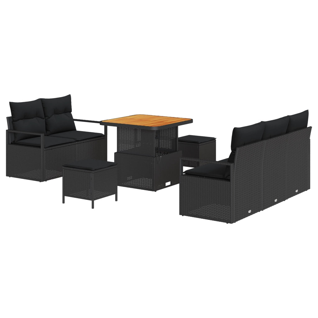 Set Divano da Giardino 8 Pezzi con Cuscini Nero Polyrattan Acacia