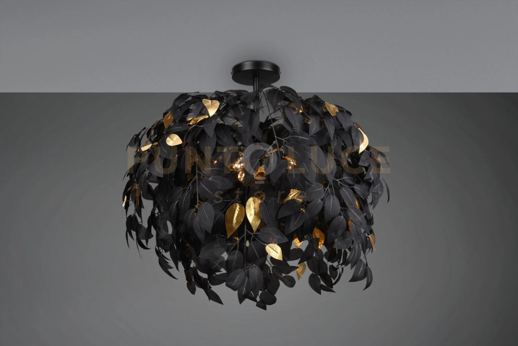 LEAVY PLAFONIERA FOGLIE LAVABILI NERO E ORO D. 70CM 3 LUCI ATTACCO E14