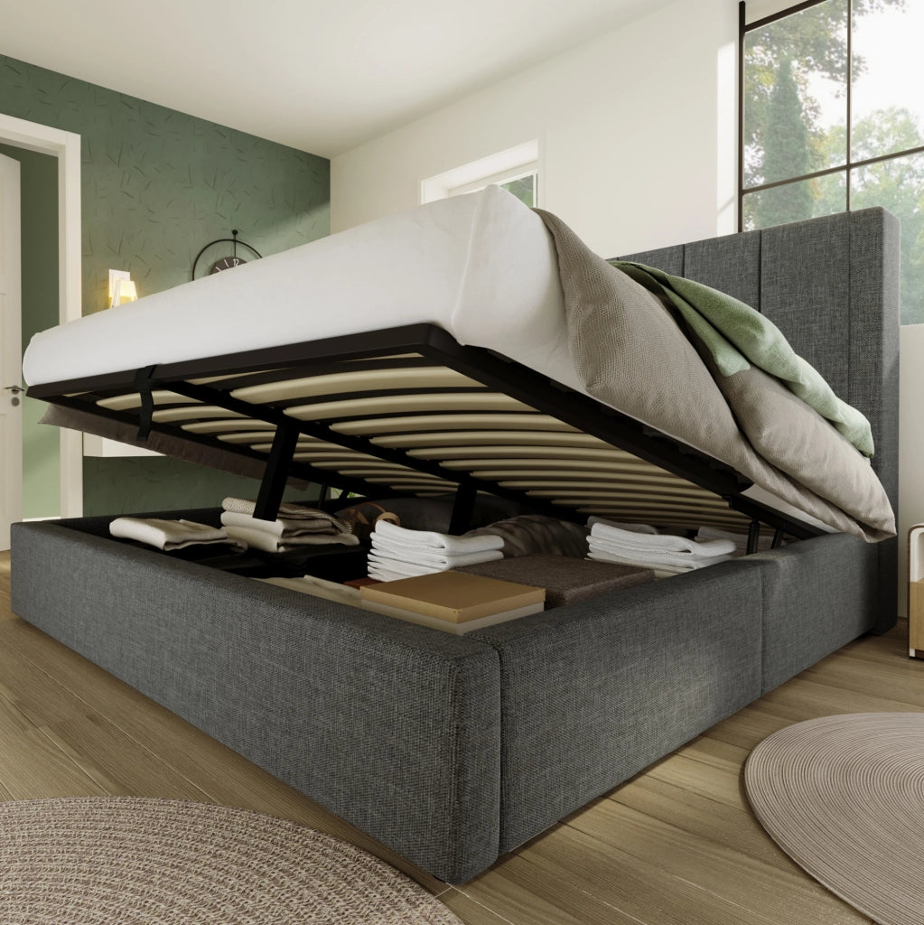 Letto matrimoniale imbottito 140x190 cm in lino grigio con porta bicchieri e ricarica USB