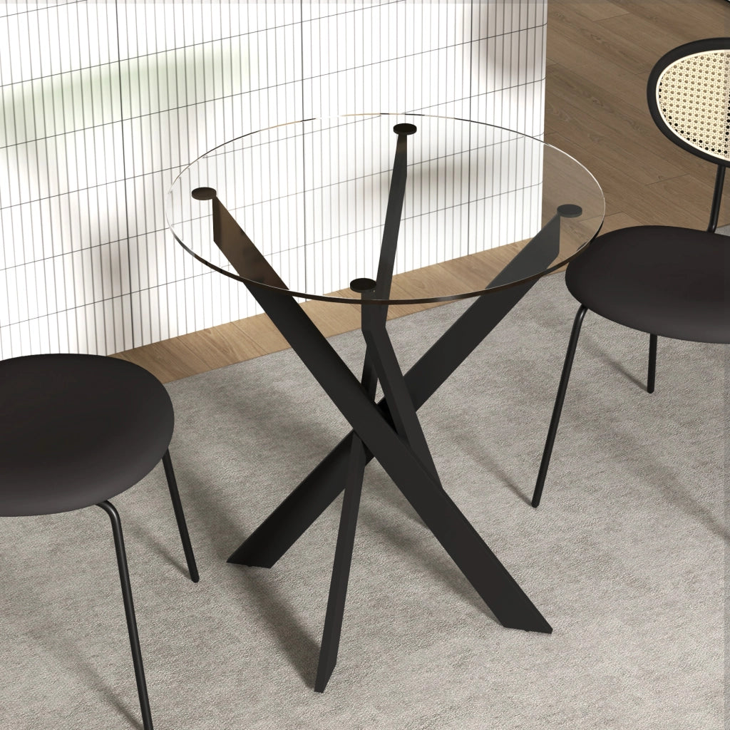 Tavolo da pranzo - rotondo per 4 - piano in vetro temperato - gambe in acciaio - Ø70x75 cm - nero+trasparente