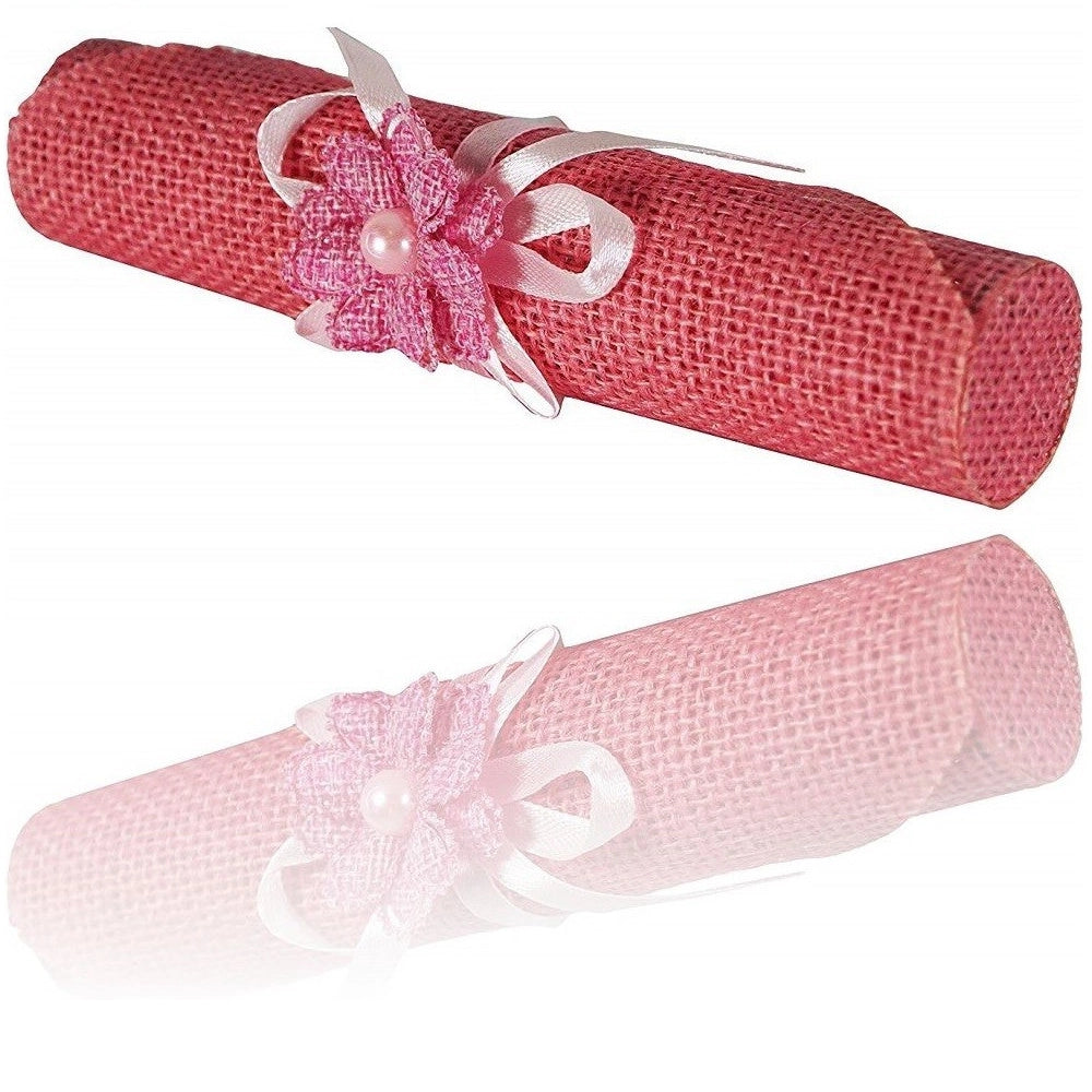 Trade Shop - Set 6 Pezzi Bomboniera Bomboniere Pergamena Juta Rosa Invito Portaconfetti -
