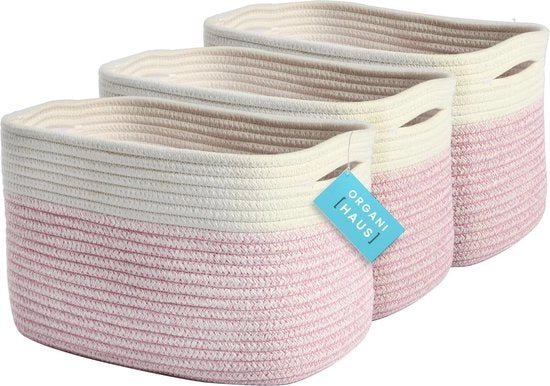 Set da 3 pezzi di contenitori di stoccaggio rosa piccoli | Contenitori di stoccaggio per camera da letto dei bambini e bagno per mensole | Contenitori di stoccaggio decorativi | Cassetti per scarpe | Contenitori di stoccaggio con corda intrecciata