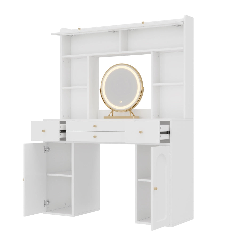 Tavolo da trucco con specchio rotondo, illuminazione LED, 4 cassetti, 4 vani aperti, 2 armadietti e 2 ante in vetro, bianco, 120¡Á40¡Á160 cm