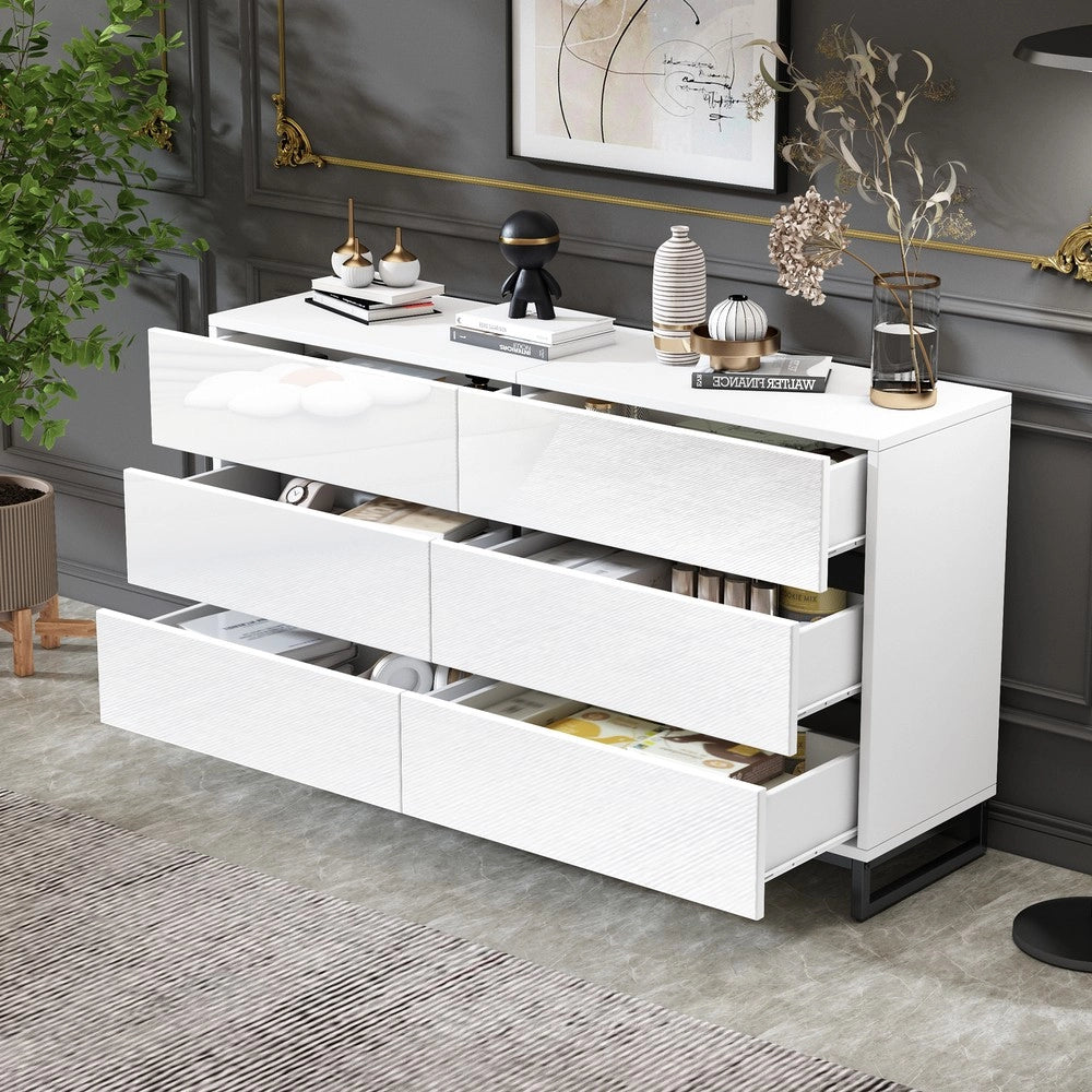 Credenza da Soggiorno con 6 Cassetti e 3 Gambe in Metallo ¨C MINIMAL ¨C Bianco/Nero Lucido 140x39x78